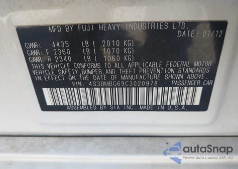 2012 Subaru Legacy 2.5I Premium z USA, uszkodzony, nr VIN 4S3BMBG69C3020978